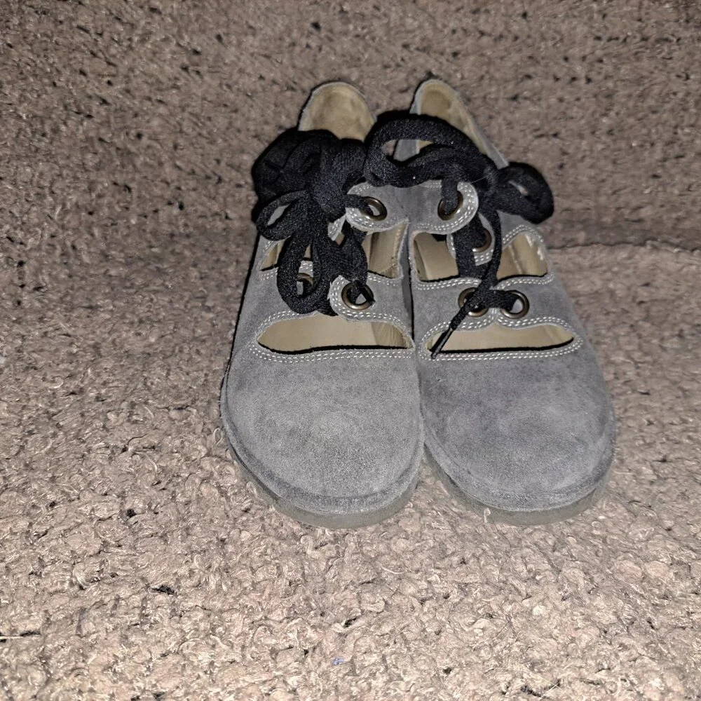 FLY LONDON-Nely-Gray Lace Up Suede Wedge Loafer-Sz 39/8.5-Near Mint